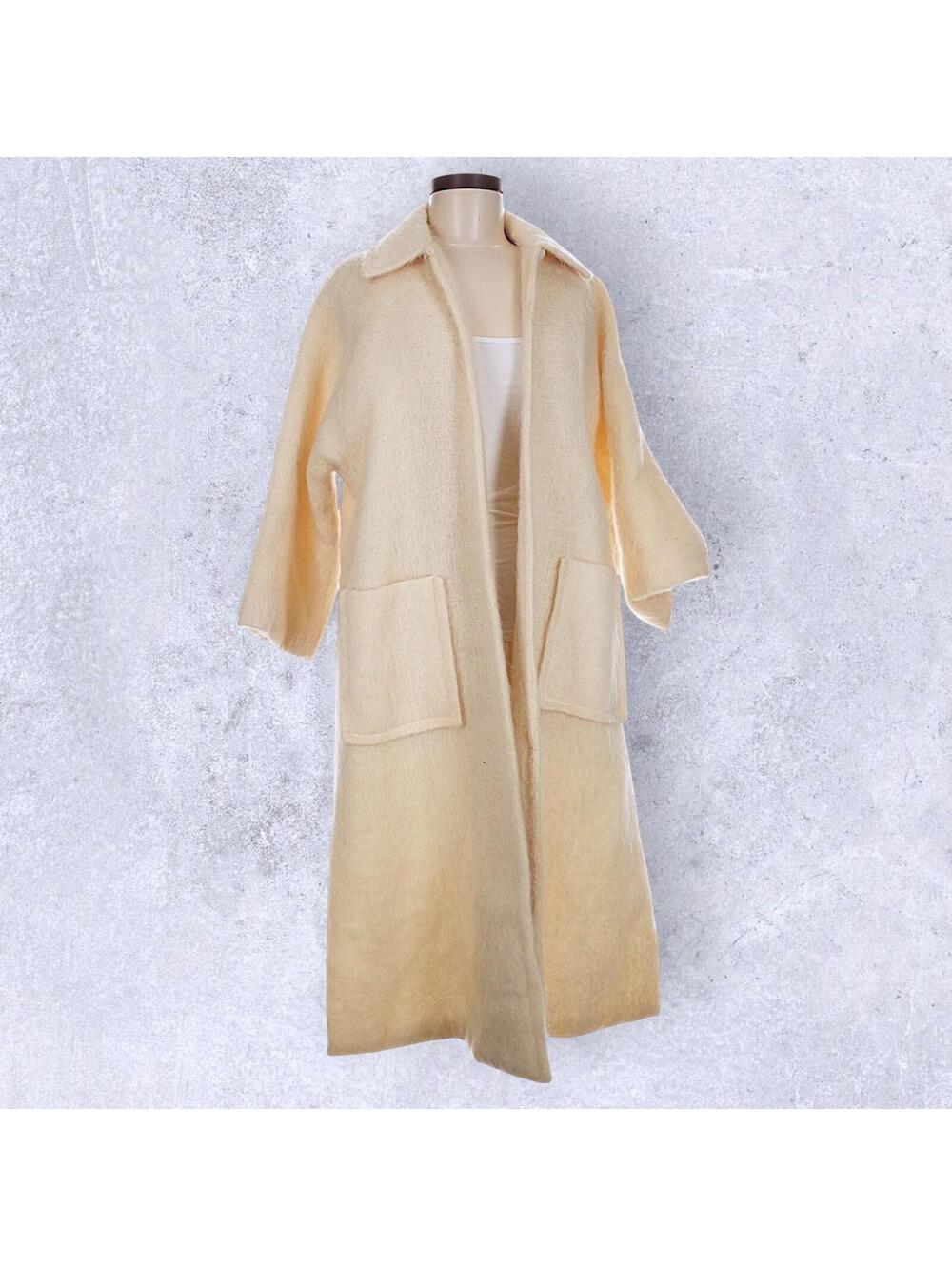 Vintage Emily Wetherby Ivory Mohair Wool Boho Chic Open Oversized Pocket Coat OS